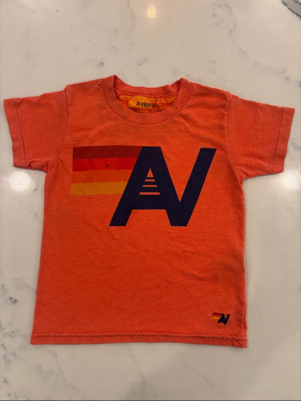 Aviator Nation Kids Orange Tee with Navy Logo and Retro Stripes